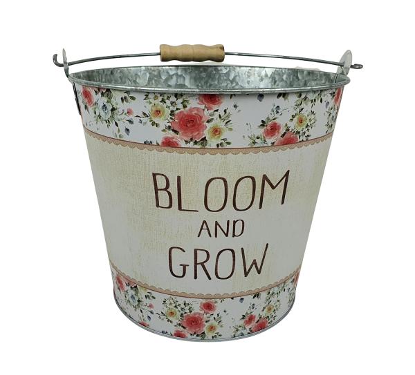 Metall Übertopf mit Tragegriff "Bloom & Grow" 20x18cm